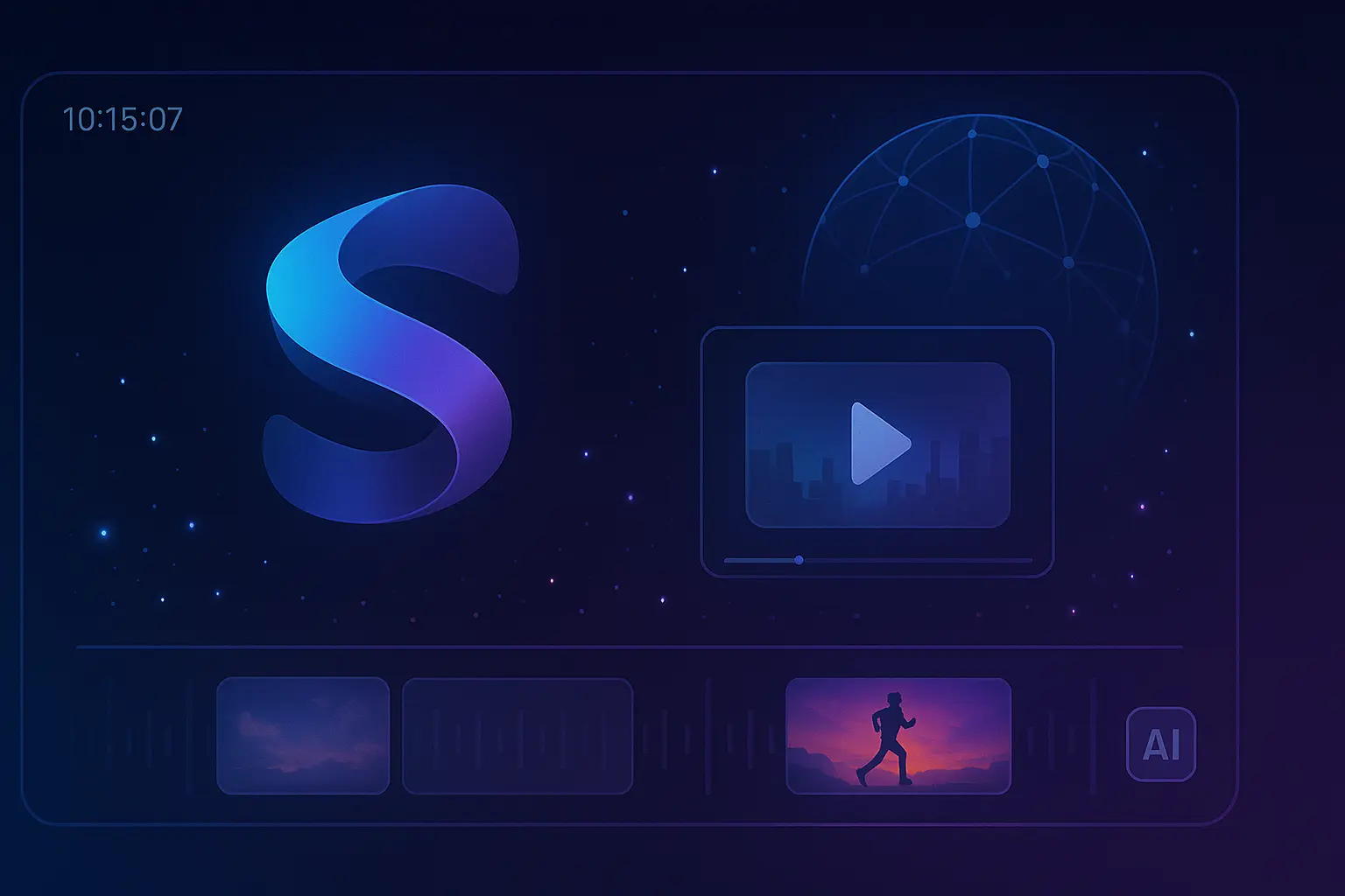 輝くSロゴ、ワイヤーフレームの地球儀、ビデオプレーヤーカード、タイムラインのサムネイルがダークグラデーションの背景に表示された、未来的なAI動画生成インターフェース。