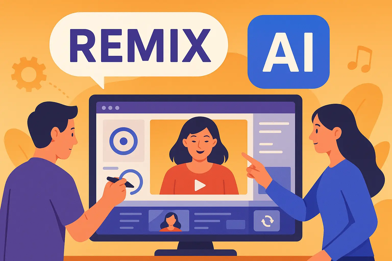 Illustration showing two creators editing a video using AI Remix tools, symbolizing Sora 2’s new generative video editing capabilities.